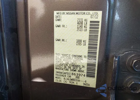 2012 Nissan Maxima 3.5 S from USA, damaged, VIN 1N4AA5AP1CC863974